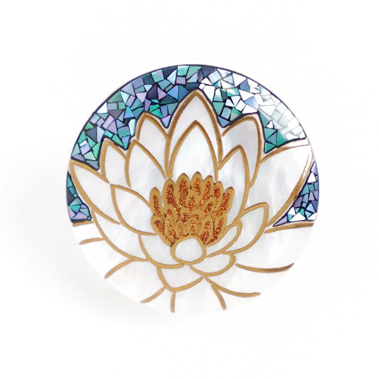 Maki-e Urushi Lacquer Brooch - White South Sea Pearl Shell / Water Lilies -, Traditional Japanese Urushi Lacquer Jewelry