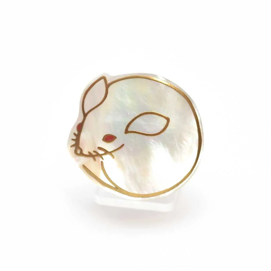 Maki-e Urushi Lacquer Brooch - White South Sea Pearl Shell / Mouse -, Traditional Japanese Urushi Lacquer Jewelry