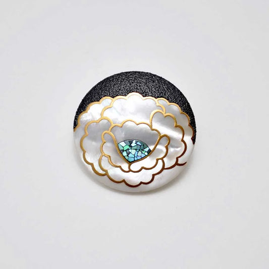 Maki-e Urushi Lacquer Brooch - White South Sea Pearl Shell / Peony -, Traditional Japanese Urushi Lacquer Jewelry