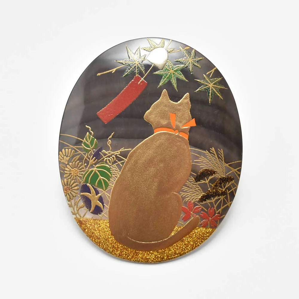 Maki-e Urushi Lacquer Brooch - Black Lip Oyster Pearl Shell / Cat -, Traditional Japanese Urushi Lacquer Jewelry