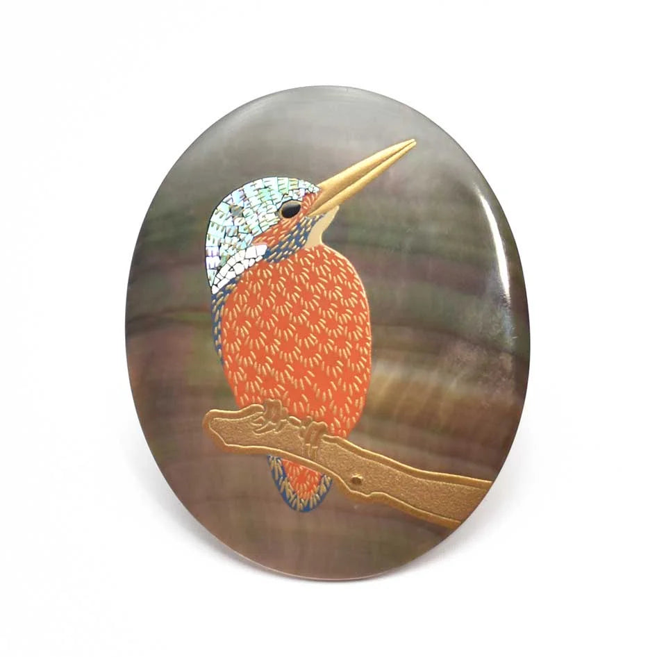 Maki-e Urushi Lacquer Brooch - Black Lip Oyster Pearl Shell / Kingfisher -, Traditional Japanese Urushi Lacquer Jewelry