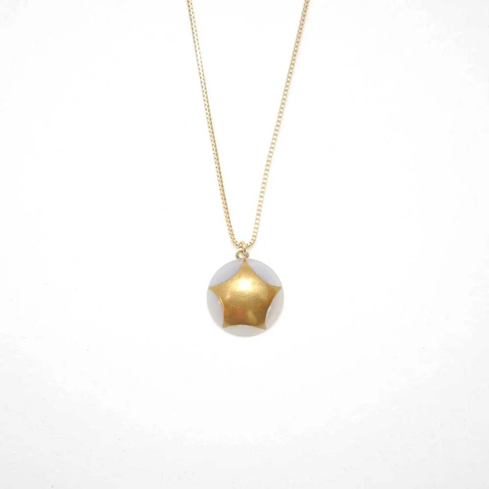 Maki-e Urushi Lacquer Pendant Necklace - White South Sea Pearl Shell / Star -, Traditional Japanese Urushi Lacquer Jewelry