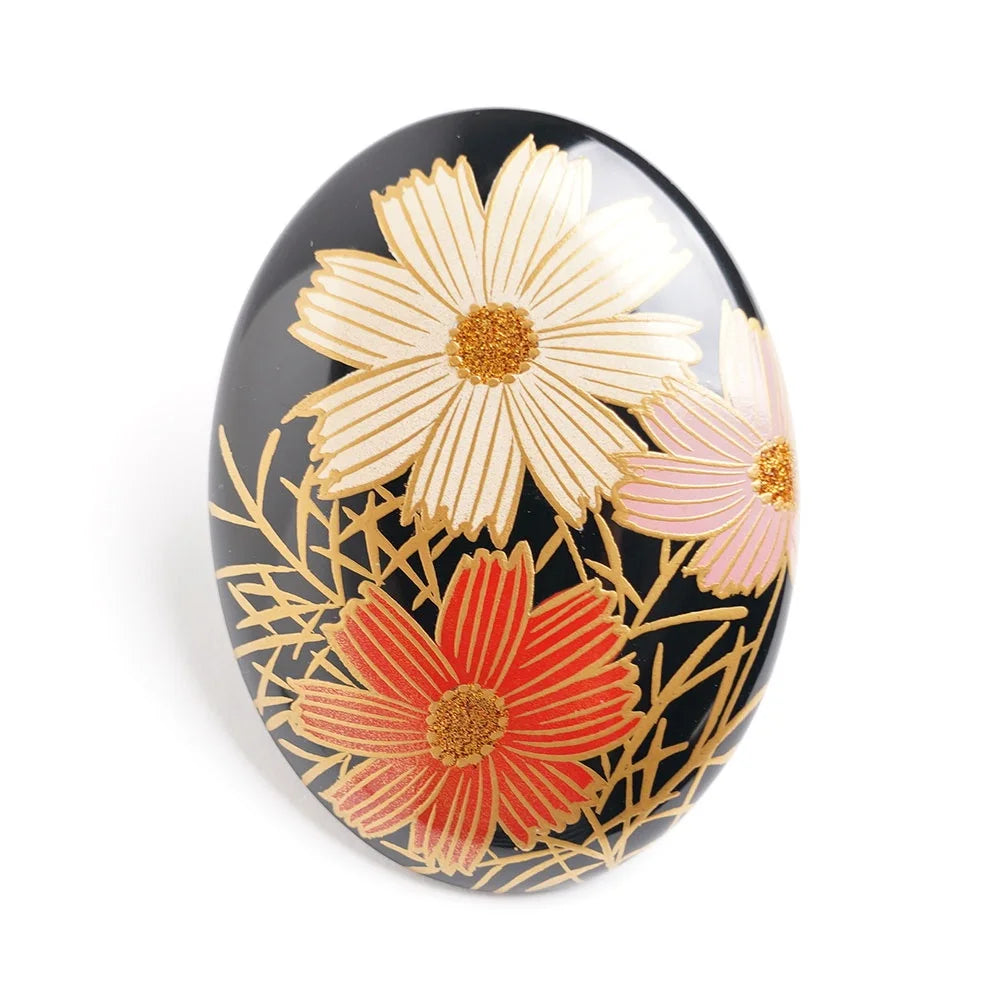 Maki-e Urushi Lacquer Brooch - Katsura(Japanese judas tree) / Cosmos Flower -, Traditional Japanese Urushi Lacquer Jewelry
