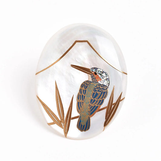 Maki-e Urushi Lacquer Brooch - White South Sea Pearl Shell / Mt. Fuji and Kingfisher  -, Traditional Japanese Urushi Lacquer Jewelry