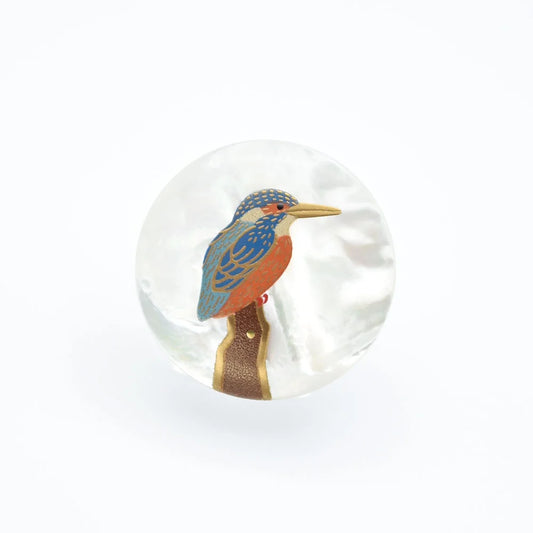 Maki-e Urushi Lacquer Brooch - White South Sea Pearl Shell / Kingfisher -, Traditional Japanese Urushi Lacquer Jewelry
