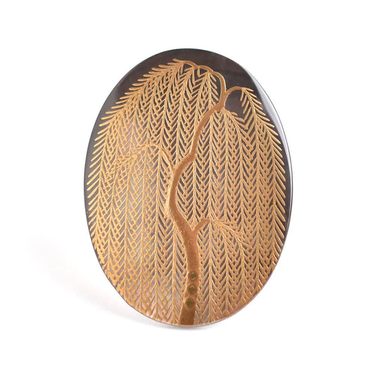 Maki-e Urushi Lacquer Brooch - Black Lip Oyster Pearl Shell / Willow Tree -, Traditional Japanese Urushi Lacquer Jewelry