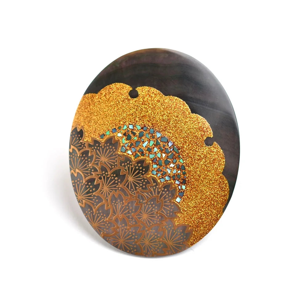 Maki-e Urushi Lacquer Brooch - Black Lip Oyster Pearl Shell / Snow Moon Flower -, Traditional Japanese Urushi Lacquer Jewelry