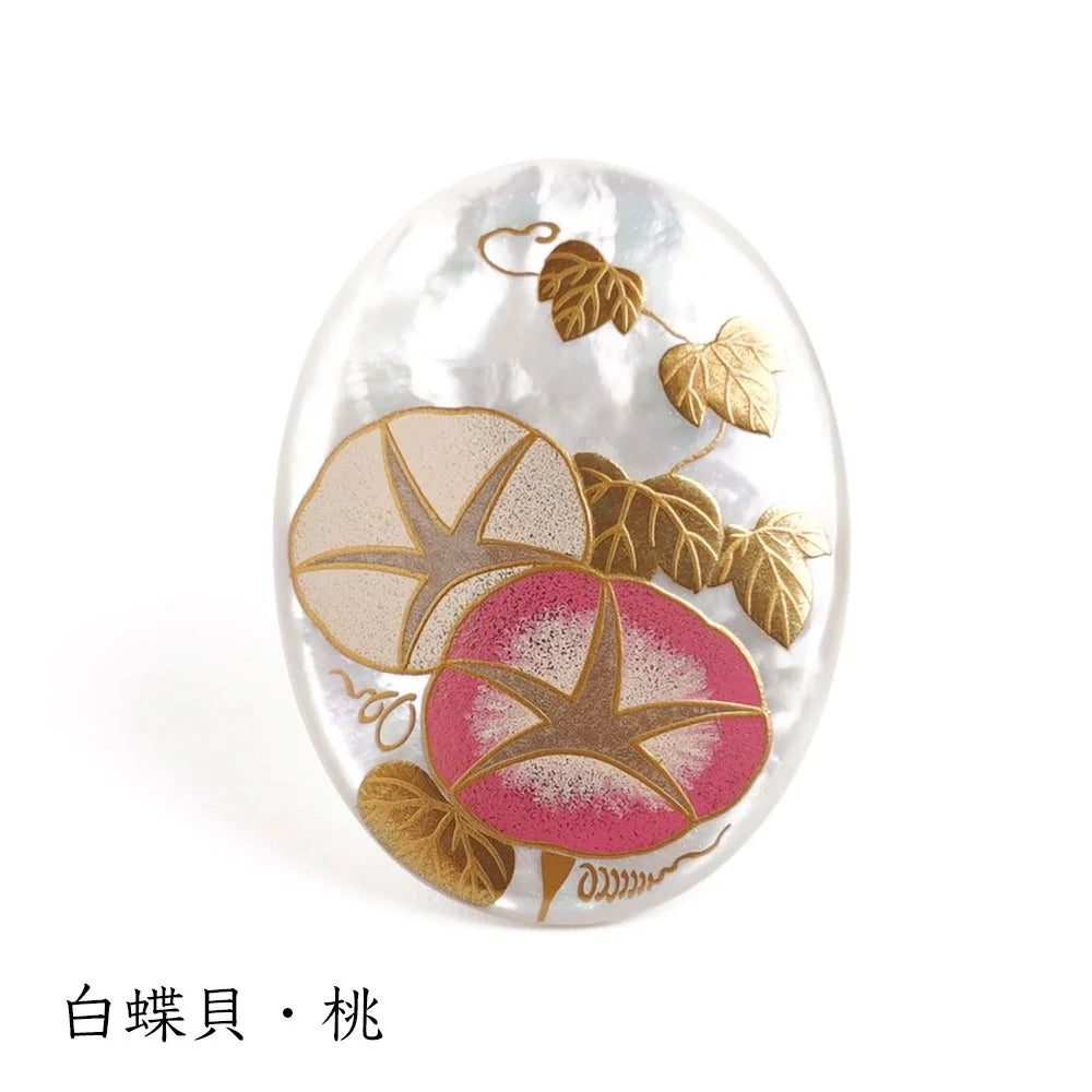Maki-e Urushi Lacquer Brooch - White South Sea Pearl Shell / Morning Glory / Pink -, Traditional Japanese Urushi Lacquer Jewelry