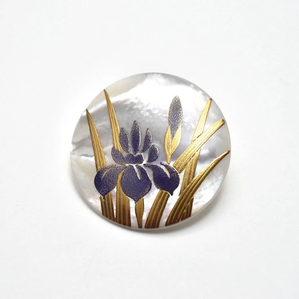 Maki-e Urushi Lacquer Brooch - White South Sea Pearl Shell / Japanese Iris Flower -, Traditional Japanese Urushi Lacquer Jewelry