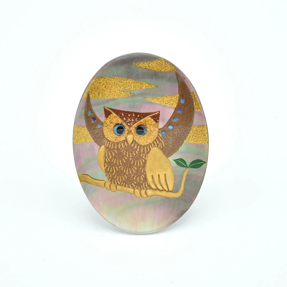Maki-e Urushi Lacquer Brooch - Black Lip Oyster Pearl Shell / Owl -, Traditional Japanese Urushi Lacquer Jewelry