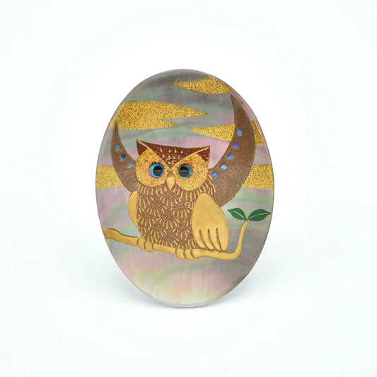 Maki-e Urushi Lacquer Brooch - Black Lip Oyster Pearl Shell / Owl -, Traditional Japanese Urushi Lacquer Jewelry