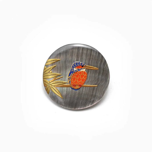 Maki-e Urushi Lacquer Brooch - Black Lip Oyster Pearl Shell / Kingfisher -, Traditional Japanese Urushi Lacquer Jewelry