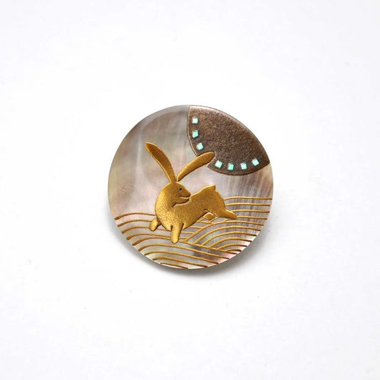 Maki-e Urushi Lacquer Brooch - Black Lip Oyster Pearl Shell / Rabbit and Wave -, Traditional Japanese Urushi Lacquer Jewelry