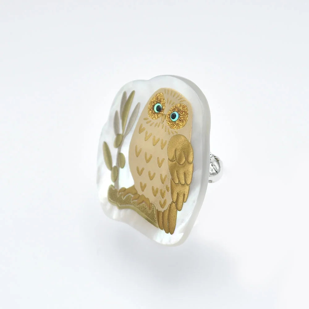 Maki-e Urushi Lacquer Brooch - White South Sea Pearl Shell / Owl -, Traditional Japanese Urushi Lacquer Jewelry