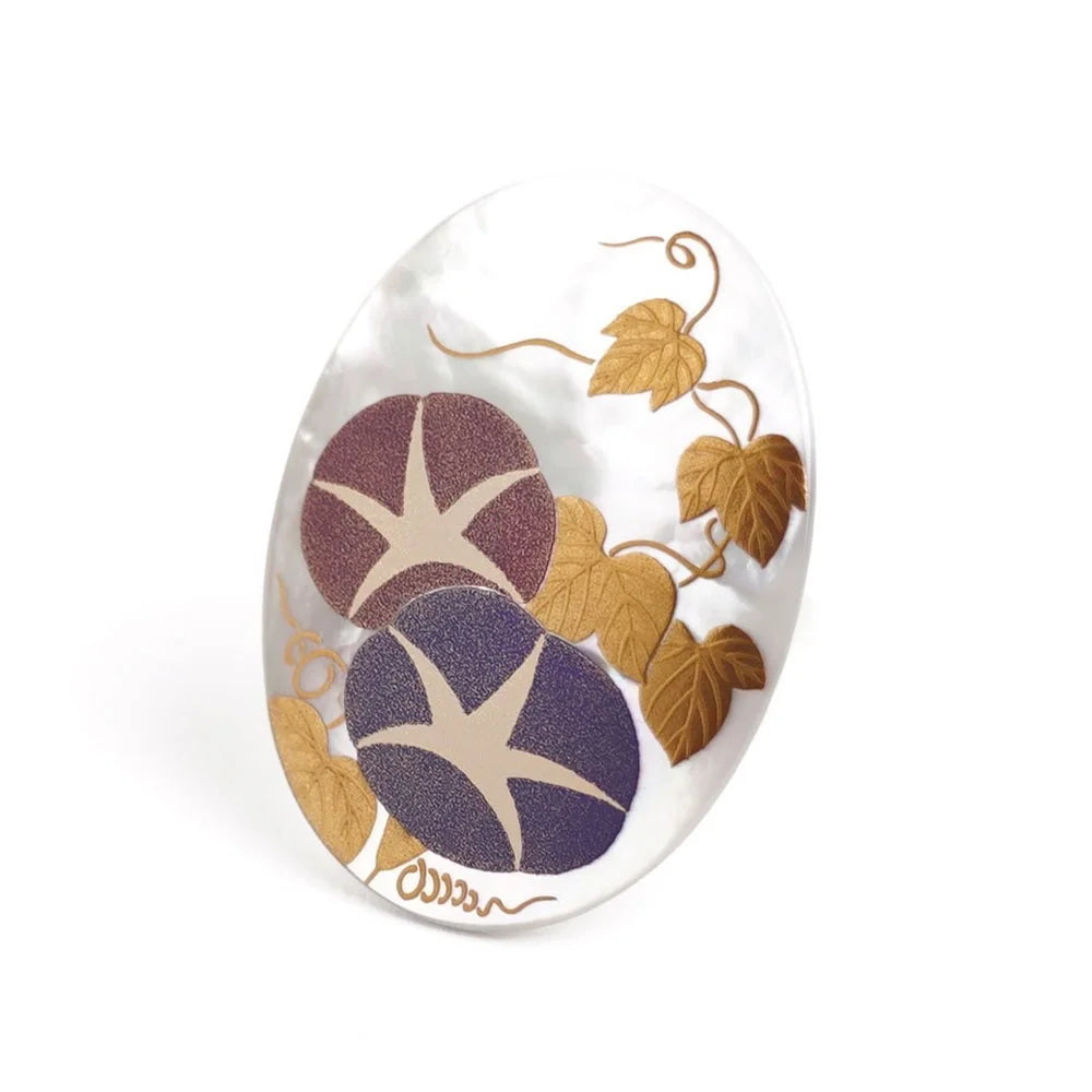 Maki-e Urushi Lacquer Brooch - White South Sea Pearl Shell / Morning Glory / Blue -, Traditional Japanese Urushi Lacquer Jewelry