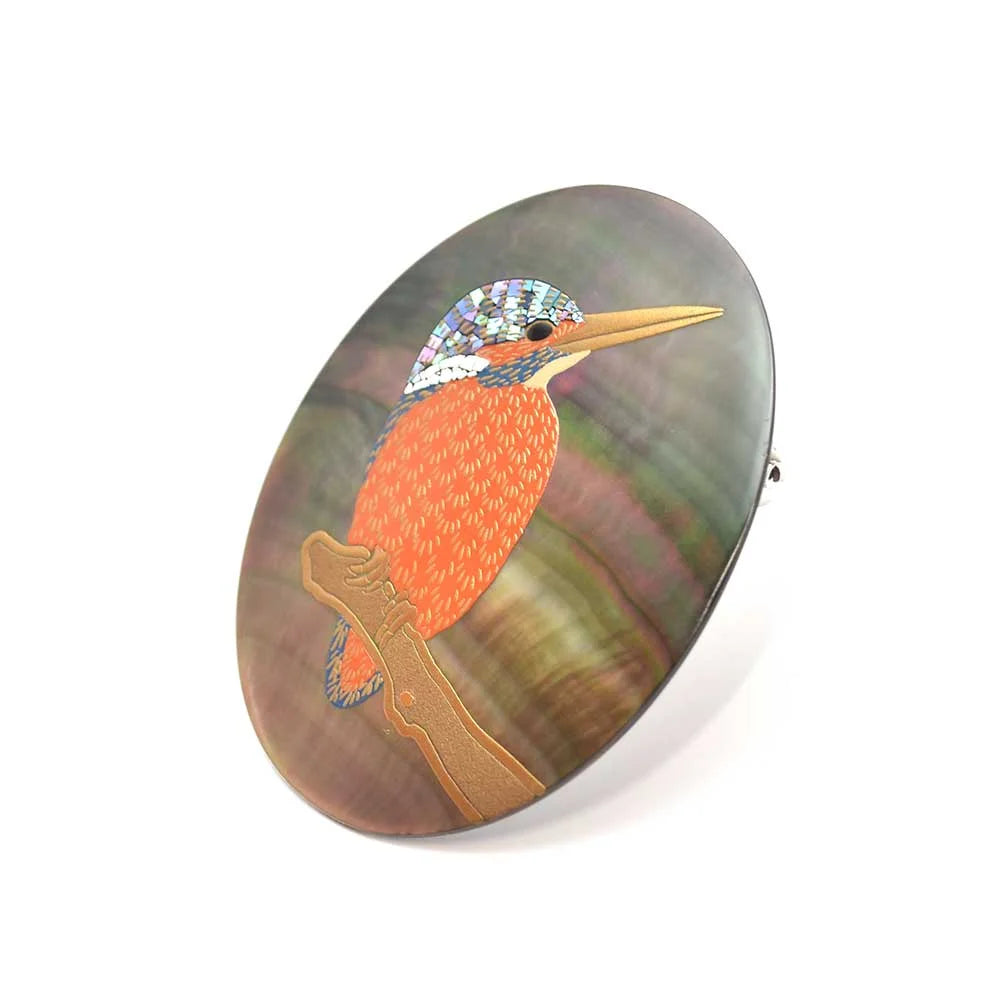 Maki-e Urushi Lacquer Brooch - Black Lip Oyster Pearl Shell / Kingfisher -, Traditional Japanese Urushi Lacquer Jewelry