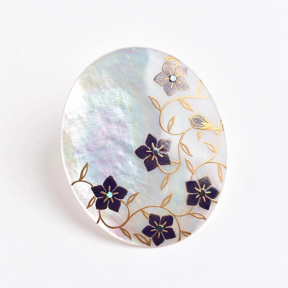 Maki-e Urushi Lacquer Brooch - White South Sea Pearl Shell / Bellflower -, Traditional Japanese Urushi Lacquer Jewelry