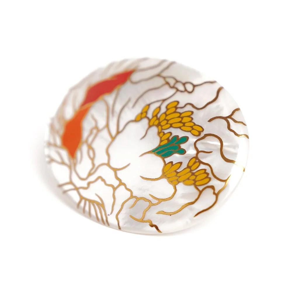 Maki-e Urushi Lacquer Brooch - White South Sea Pearl Shell / Peony -, Traditional Japanese Urushi Lacquer Jewelry