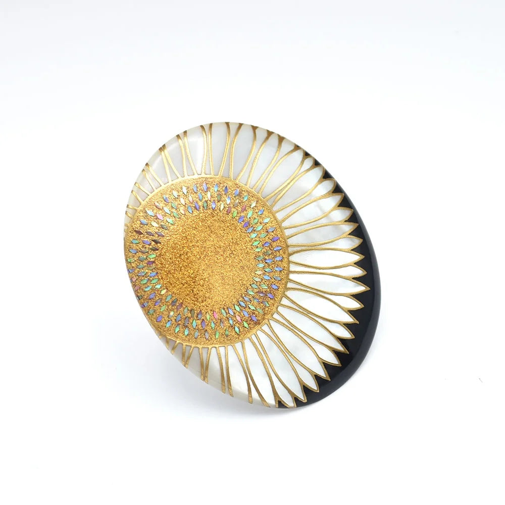 Maki-e Urushi Lacquer Brooch - White South Sea Pearl Shell / Sunflower  -, Traditional Japanese Urushi Lacquer Jewelry