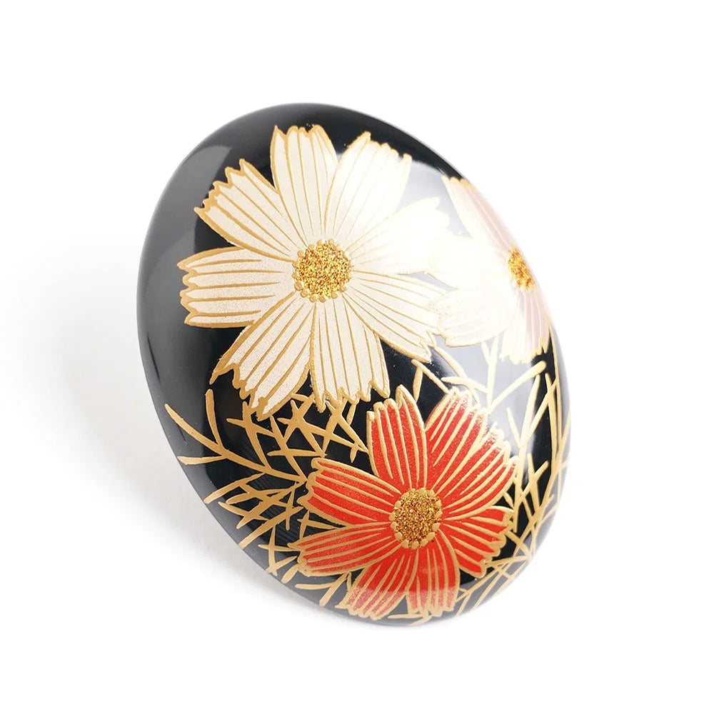 Maki-e Urushi Lacquer Brooch - Katsura(Japanese judas tree) / Cosmos Flower -, Traditional Japanese Urushi Lacquer Jewelry