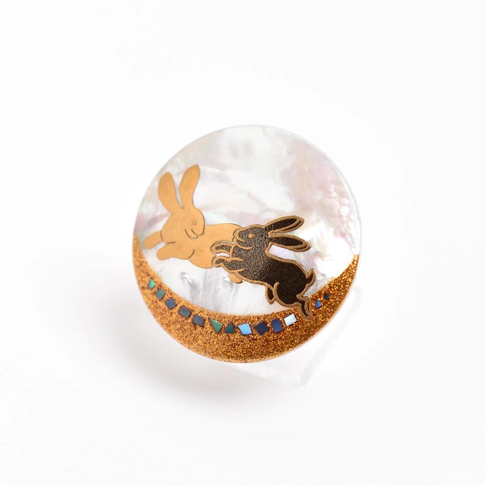 Maki-e Urushi Lacquer Brooch - White South Sea Pearl Shell / Rabbit -, Traditional Japanese Urushi Lacquer Jewelry