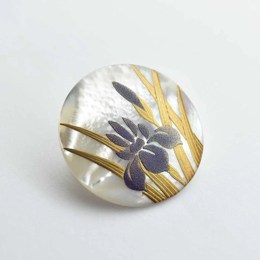 Maki-e Urushi Lacquer Brooch - White South Sea Pearl Shell / Japanese Iris Flower -, Traditional Japanese Urushi Lacquer Jewelry