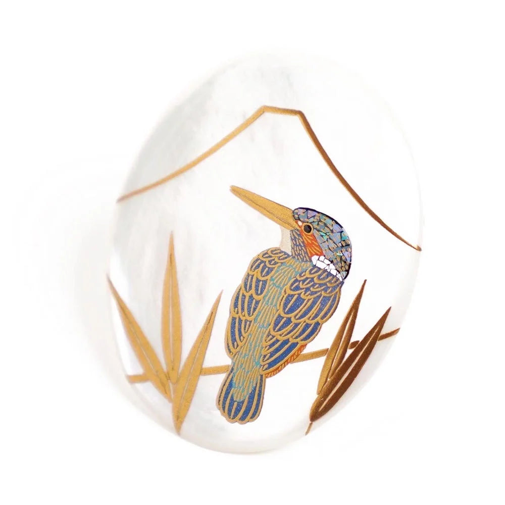 Maki-e Urushi Lacquer Brooch - White South Sea Pearl Shell / Mt. Fuji and Kingfisher  -, Traditional Japanese Urushi Lacquer Jewelry