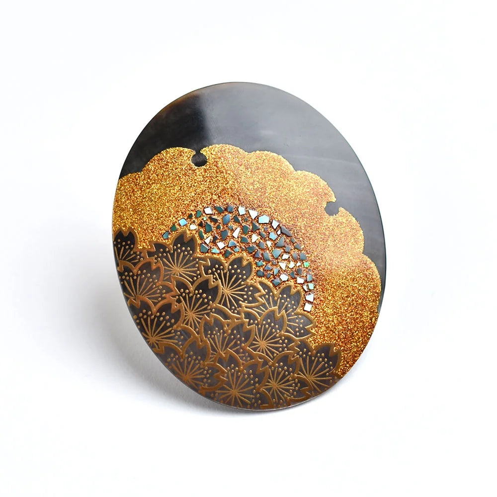 Maki-e Urushi Lacquer Brooch - Black Lip Oyster Pearl Shell / Snow Moon Flower -, Traditional Japanese Urushi Lacquer Jewelry