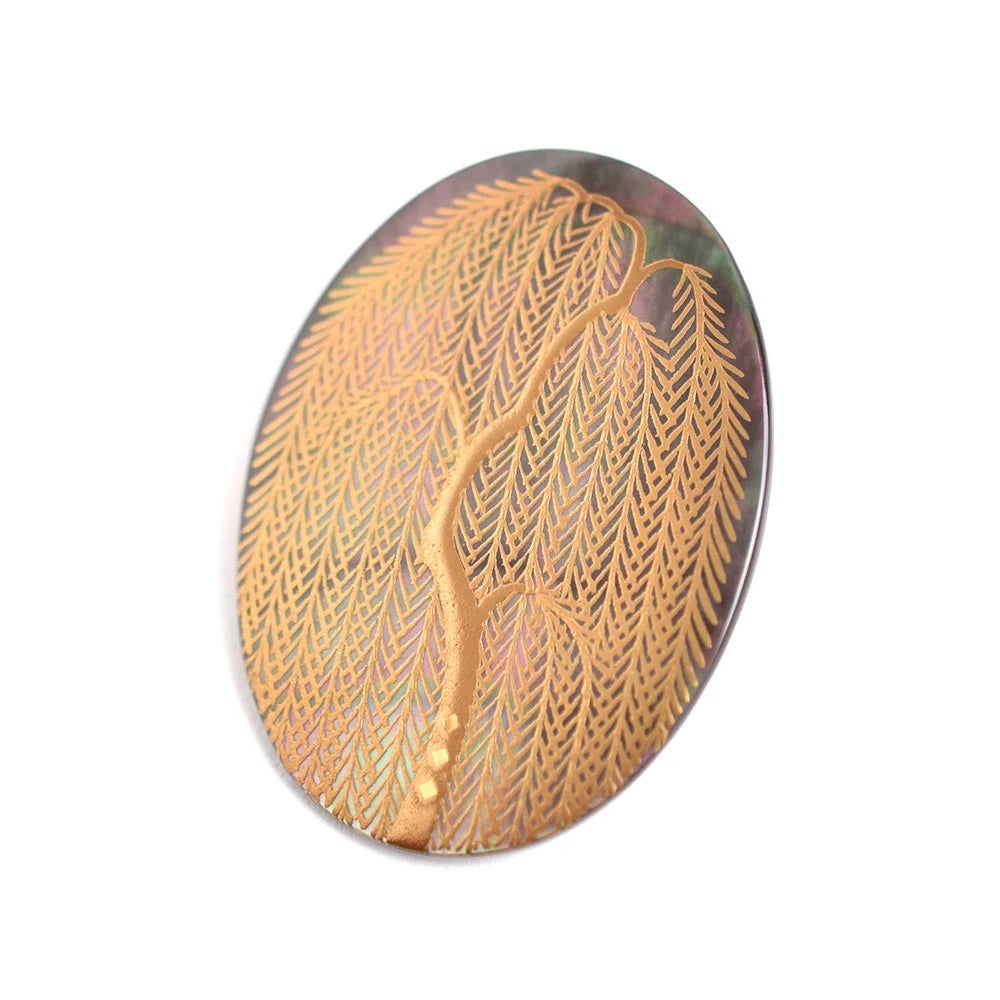 Maki-e Urushi Lacquer Brooch - Black Lip Oyster Pearl Shell / Willow Tree -, Traditional Japanese Urushi Lacquer Jewelry