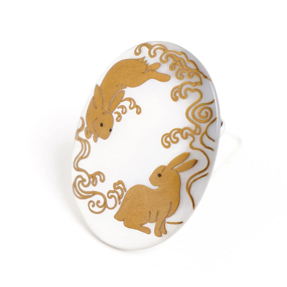 Maki-e Urushi Lacquer Brooch - White South Sea Pearl Shell / Rabbit and Wave -, Traditional Japanese Urushi Lacquer Jewelry
