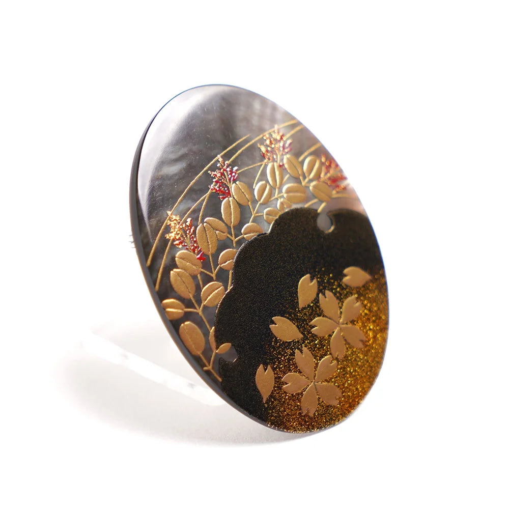Maki-e Urushi Lacquer Brooch - Black Lip Oyster Pearl Shell / Cherry Blossom and Bush Clover -, Traditional Japanese Urushi Lacquer Jewelry