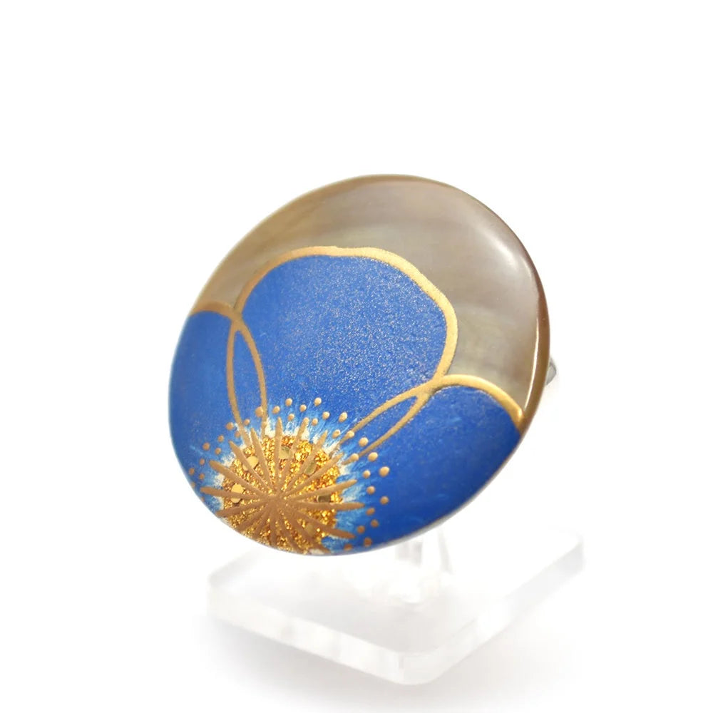 Maki-e Urushi Lacquer Brooch - Black Lip Oyster Pearl Shell / Flowing / Blue -, Traditional Japanese Urushi Lacquer Jewelry