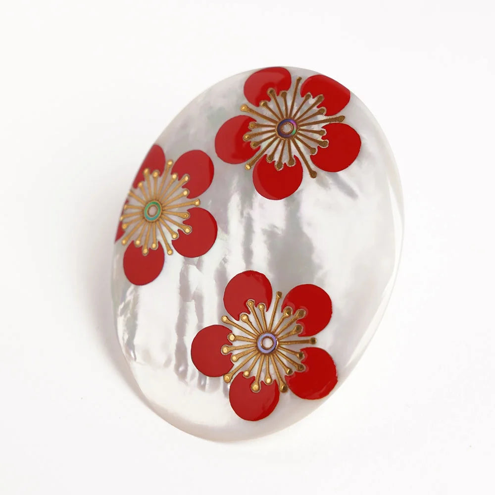Maki-e Urushi Lacquer Brooch - White South Sea Pearl Shell / Plum -, Traditional Japanese Urushi Lacquer Jewelry