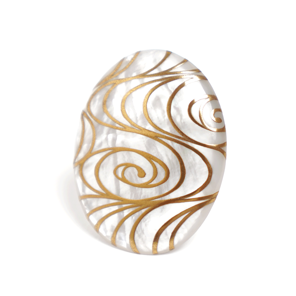Maki-e Urushi Lacquer Brooch - White South Sea Pearl Shell / Flowing Water -, Traditional Japanese Urushi Lacquer Jewelry