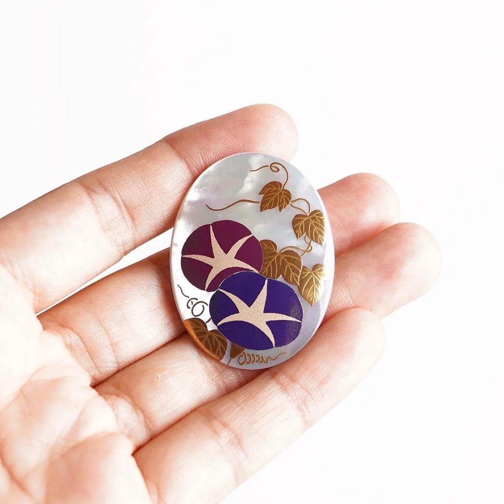 Maki-e Urushi Lacquer Brooch - White South Sea Pearl Shell / Morning Glory / Blue -, Traditional Japanese Urushi Lacquer Jewelry