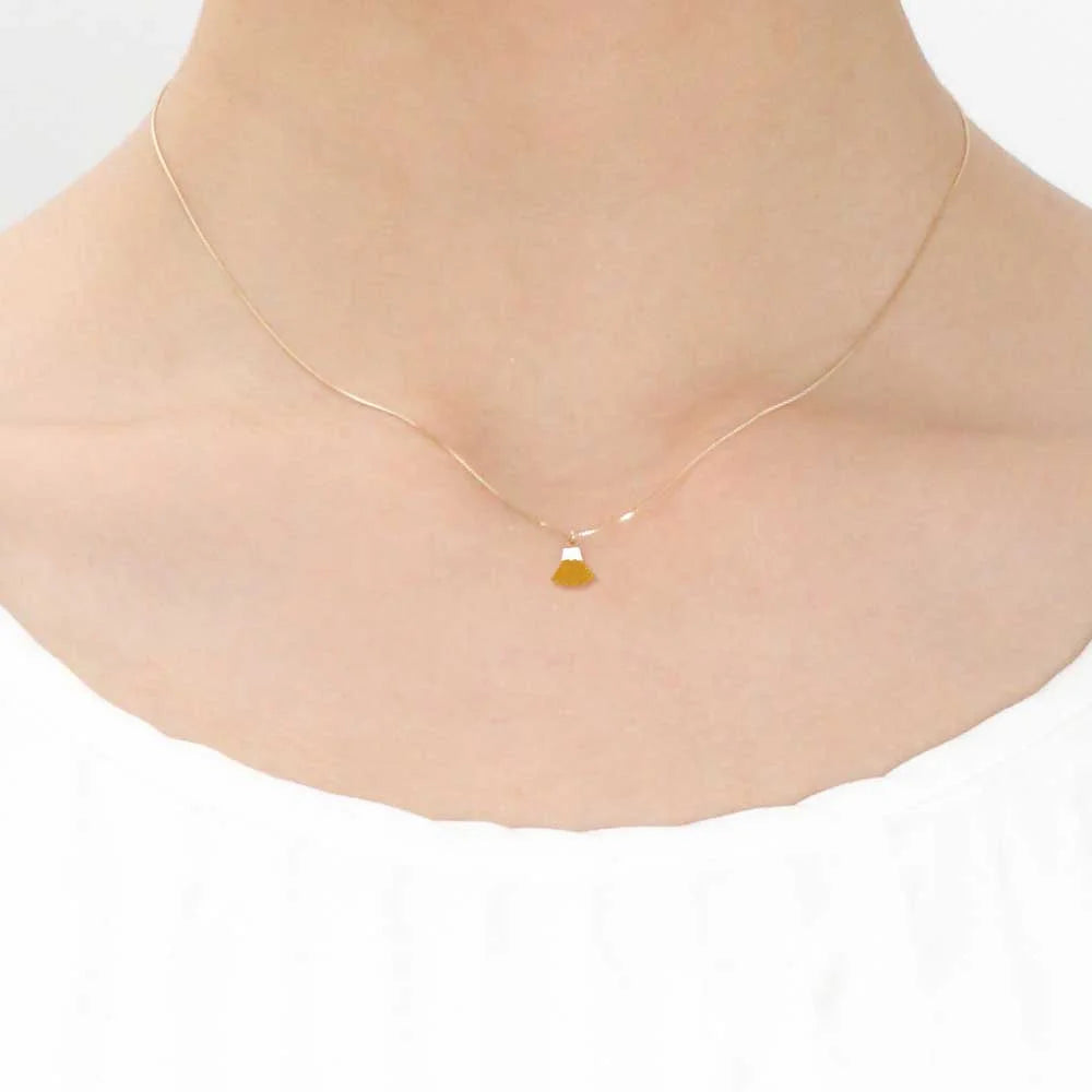 Maki-e Urushi Lacquer Pendant Necklace - White South Sea Pearl Shell / Mt. Fuji / Yellow -, Traditional Japanese Urushi Lacquer Jewelry