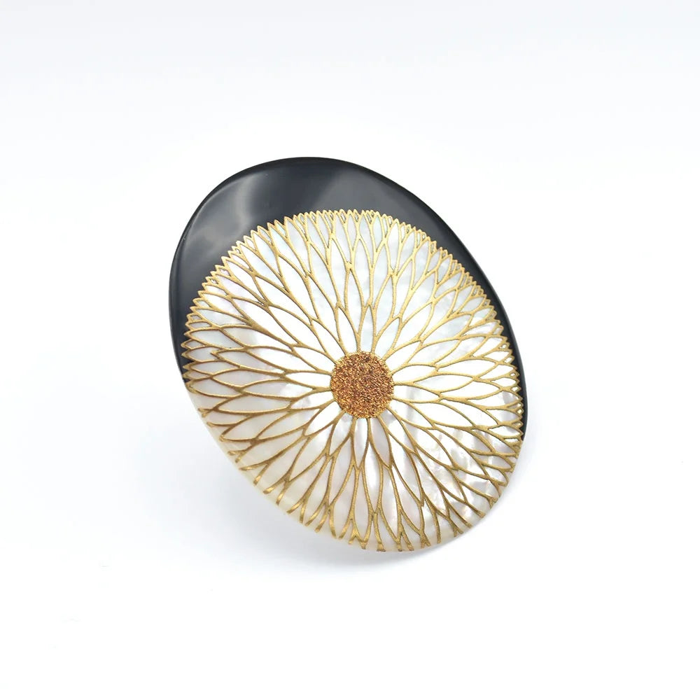 Maki-e Urushi Lacquer Brooch - White South Sea Pearl Shell / Chrysanthemum  -, Traditional Japanese Urushi Lacquer Jewelry