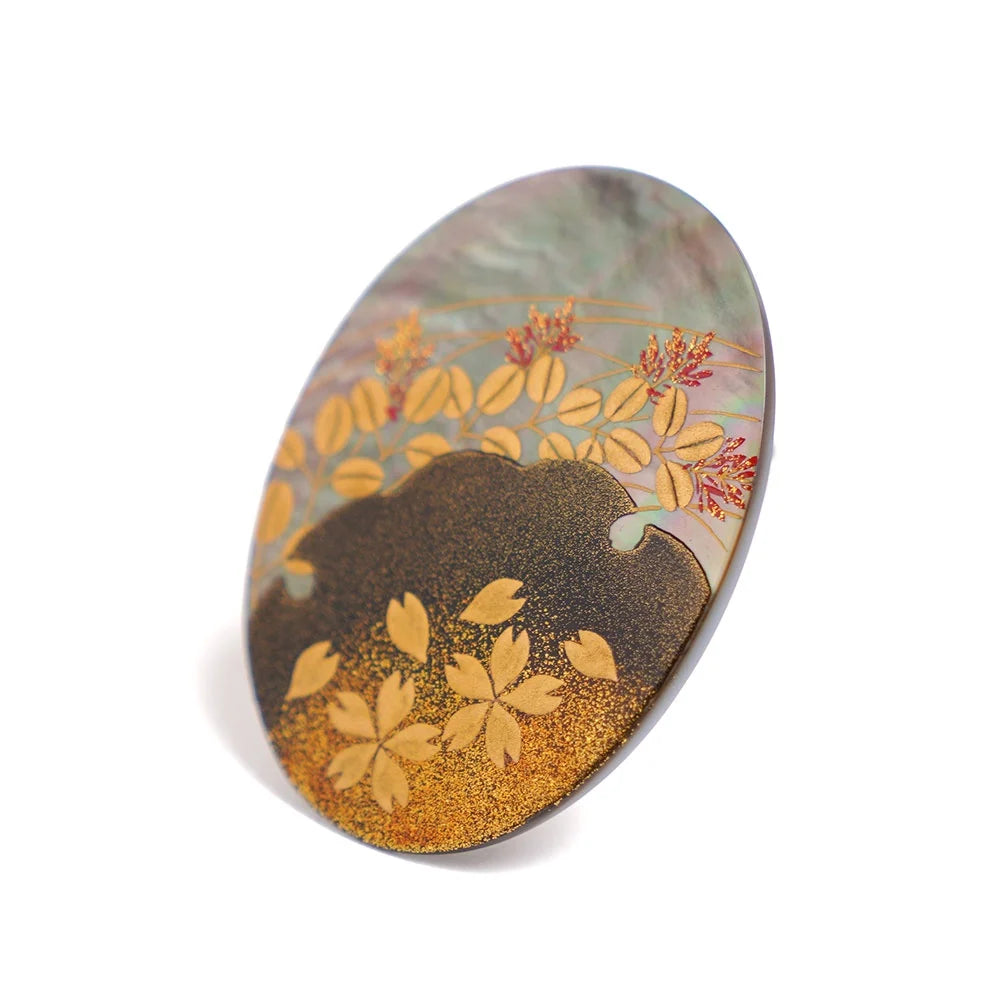 Maki-e Urushi Lacquer Brooch - Black Lip Oyster Pearl Shell / Cherry Blossom and Bush Clover -, Traditional Japanese Urushi Lacquer Jewelry