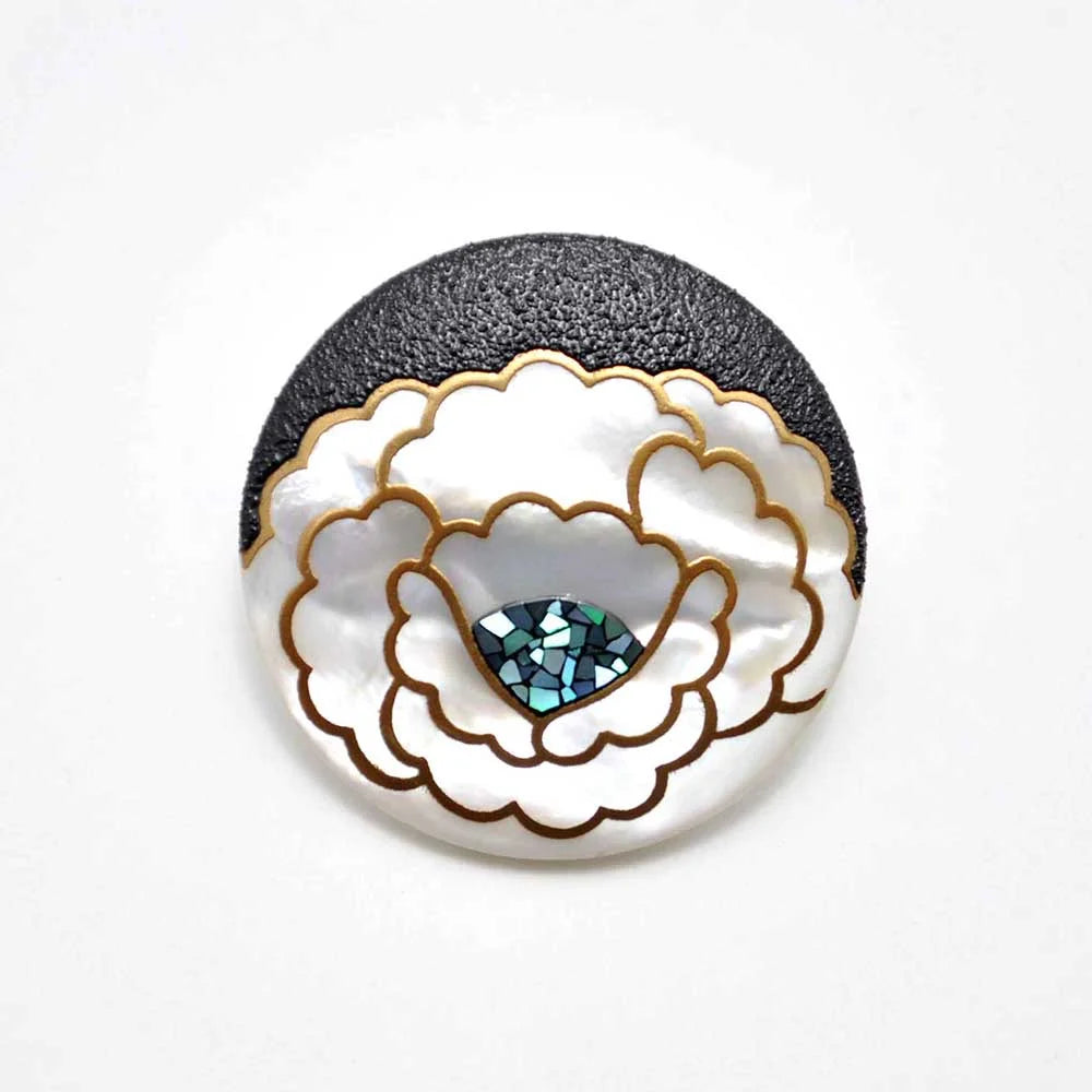Maki-e Urushi Lacquer Brooch - White South Sea Pearl Shell / Peony -, Traditional Japanese Urushi Lacquer Jewelry
