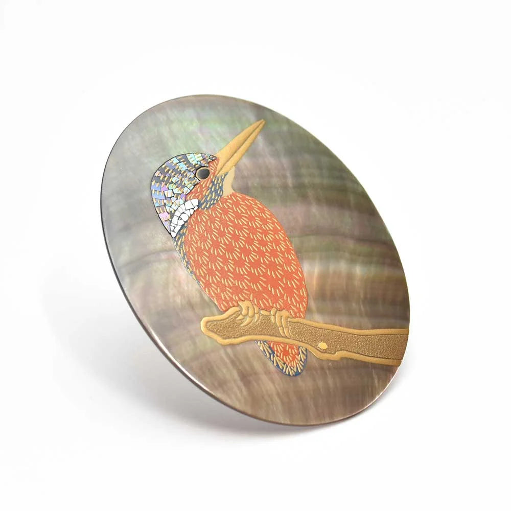 Maki-e Urushi Lacquer Brooch - Black Lip Oyster Pearl Shell / Kingfisher -, Traditional Japanese Urushi Lacquer Jewelry