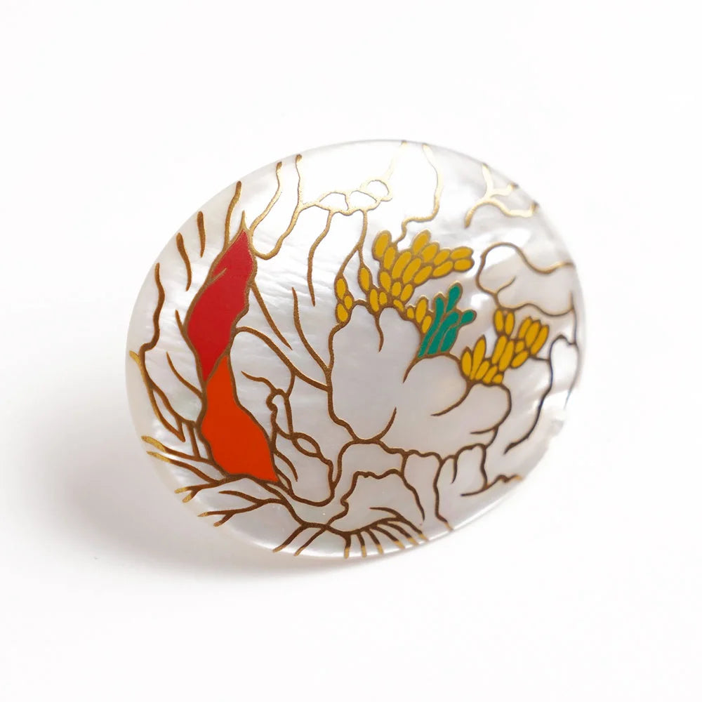 Maki-e Urushi Lacquer Brooch - White South Sea Pearl Shell / Peony -, Traditional Japanese Urushi Lacquer Jewelry
