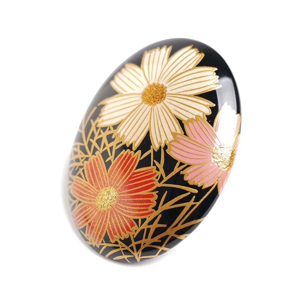 Maki-e Urushi Lacquer Brooch - Katsura(Japanese judas tree) / Cosmos Flower -, Traditional Japanese Urushi Lacquer Jewelry