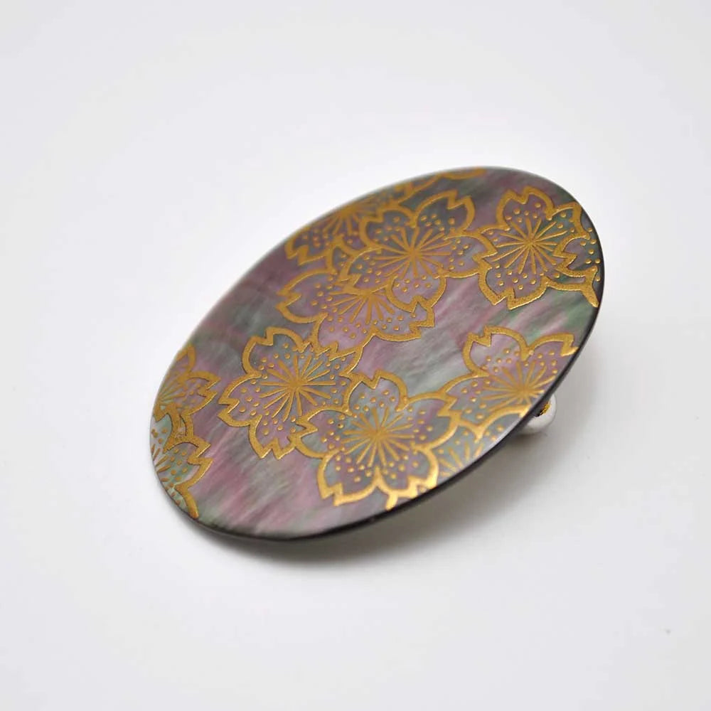 Maki-e Urushi Lacquer Brooch - Black Lip Oyster Pearl Shell / Cherry Blossom -, Traditional Japanese Urushi Lacquer Jewelry