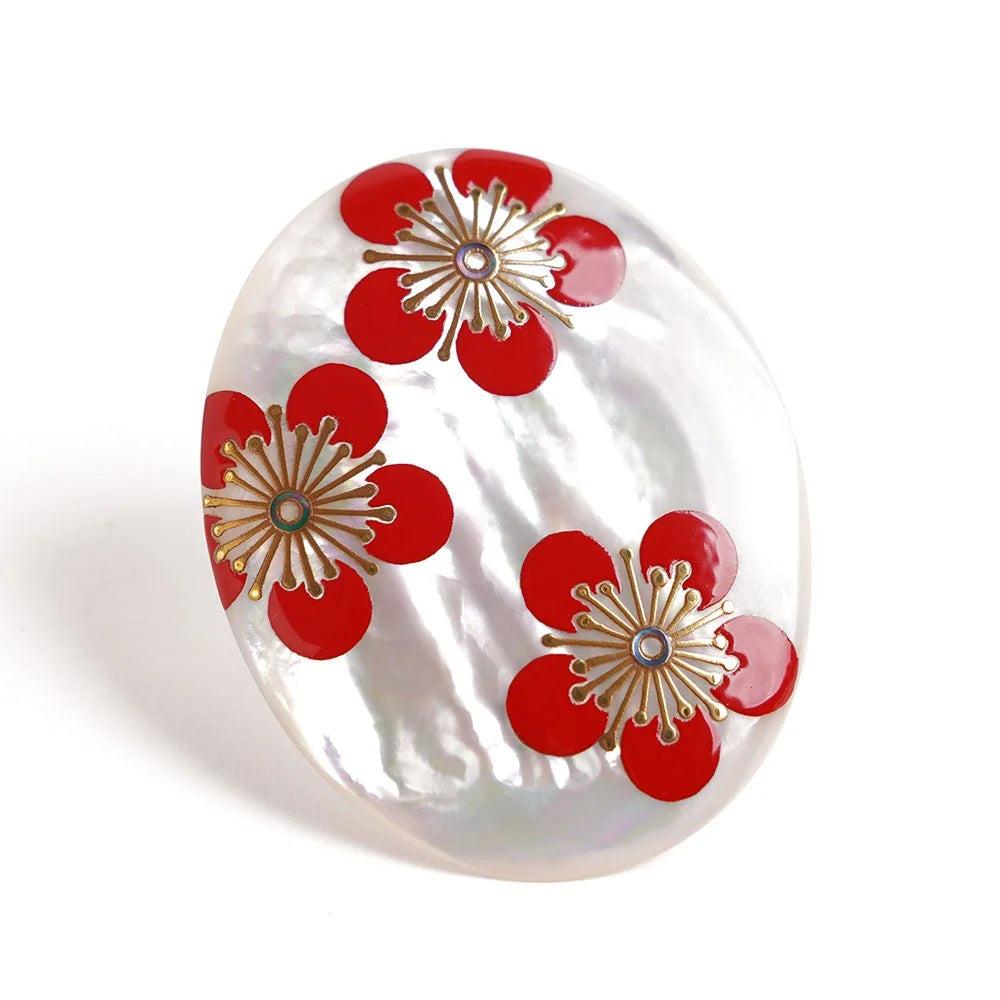 Maki-e Urushi Lacquer Brooch - White South Sea Pearl Shell / Plum -, Traditional Japanese Urushi Lacquer Jewelry