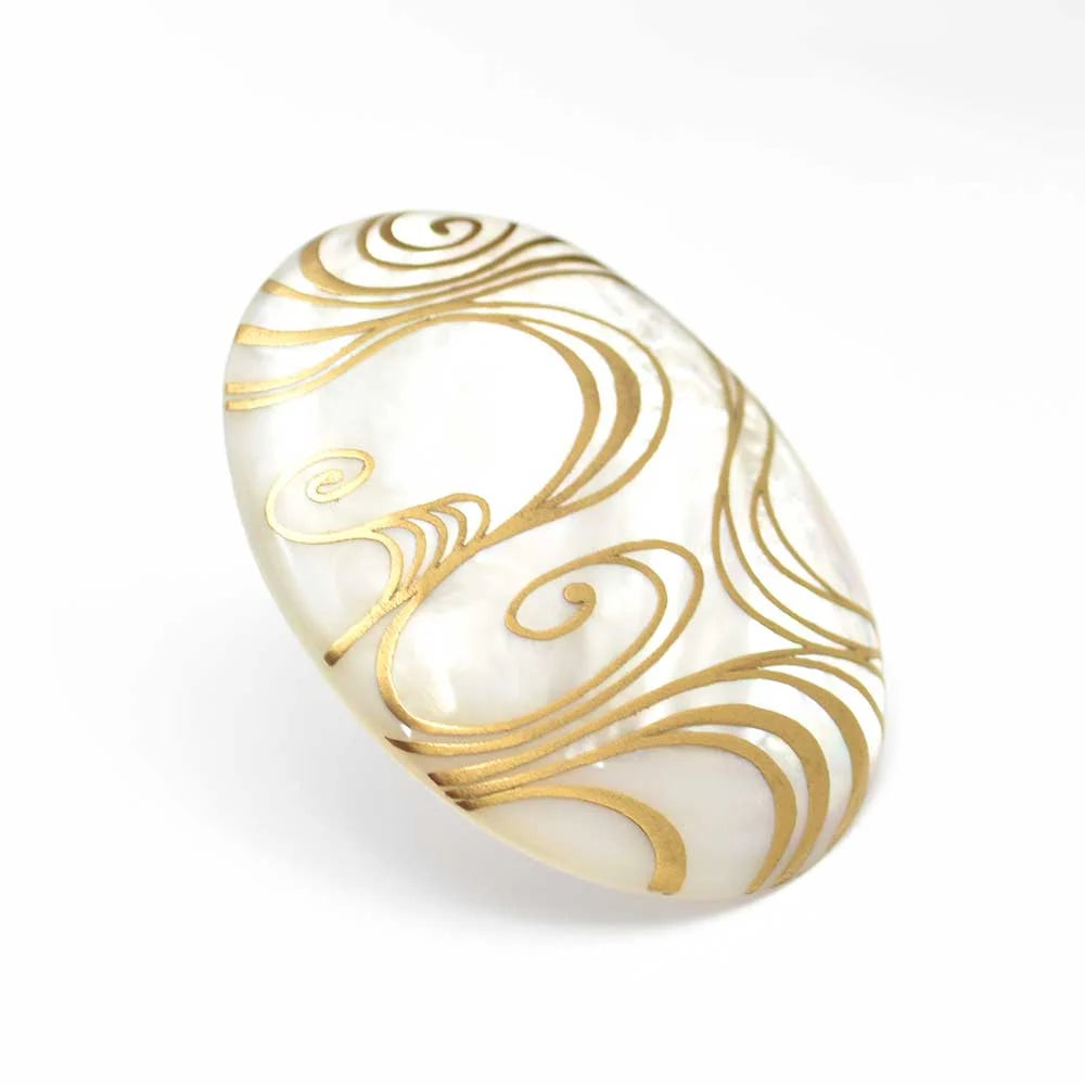 Maki-e Urushi Lacquer Brooch - White South Sea Pearl Shell / Flowing Water  -, Traditional Japanese Urushi Lacquer Jewelry
