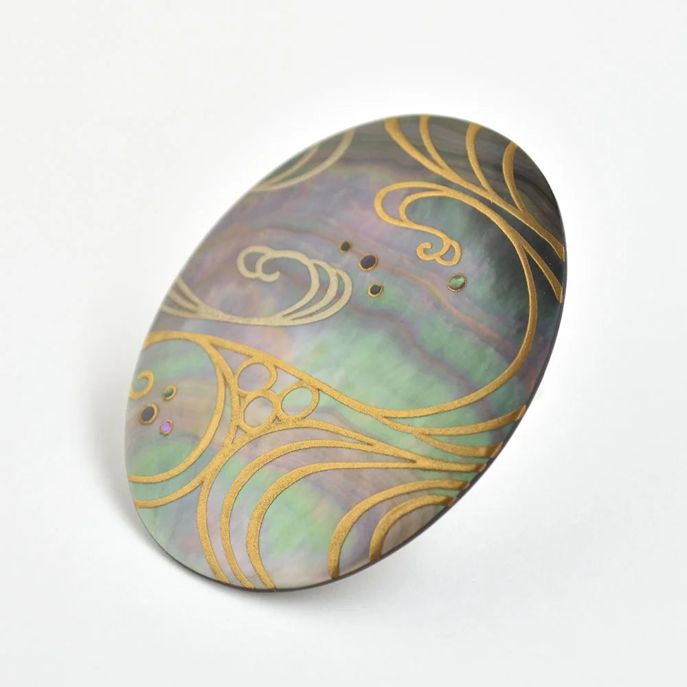Maki-e Urushi Lacquer Brooch - Black Lip Oyster Pearl Shell / Flowing Water -, Traditional Japanese Urushi Lacquer Jewelry