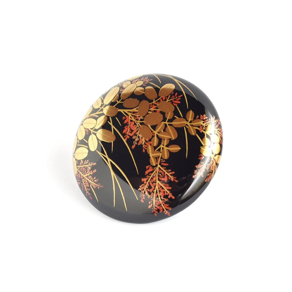Maki-e Urushi Lacquer Brooch - Tsuge(Japanese box tree) / Bush Clover -, Traditional Japanese Urushi Lacquer Jewelry