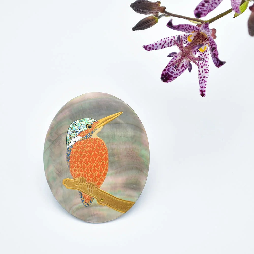 Maki-e Urushi Lacquer Brooch - Black Lip Oyster Pearl Shell / Kingfisher -, Traditional Japanese Urushi Lacquer Jewelry
