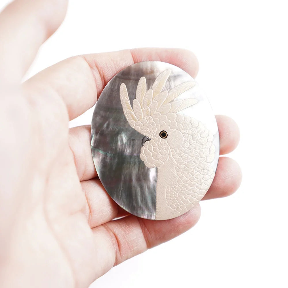 Maki-e Urushi Lacquer Brooch - Black Lip Oyster Pearl Shell / Cockatoo -, Traditional Japanese Urushi Lacquer Jewelry