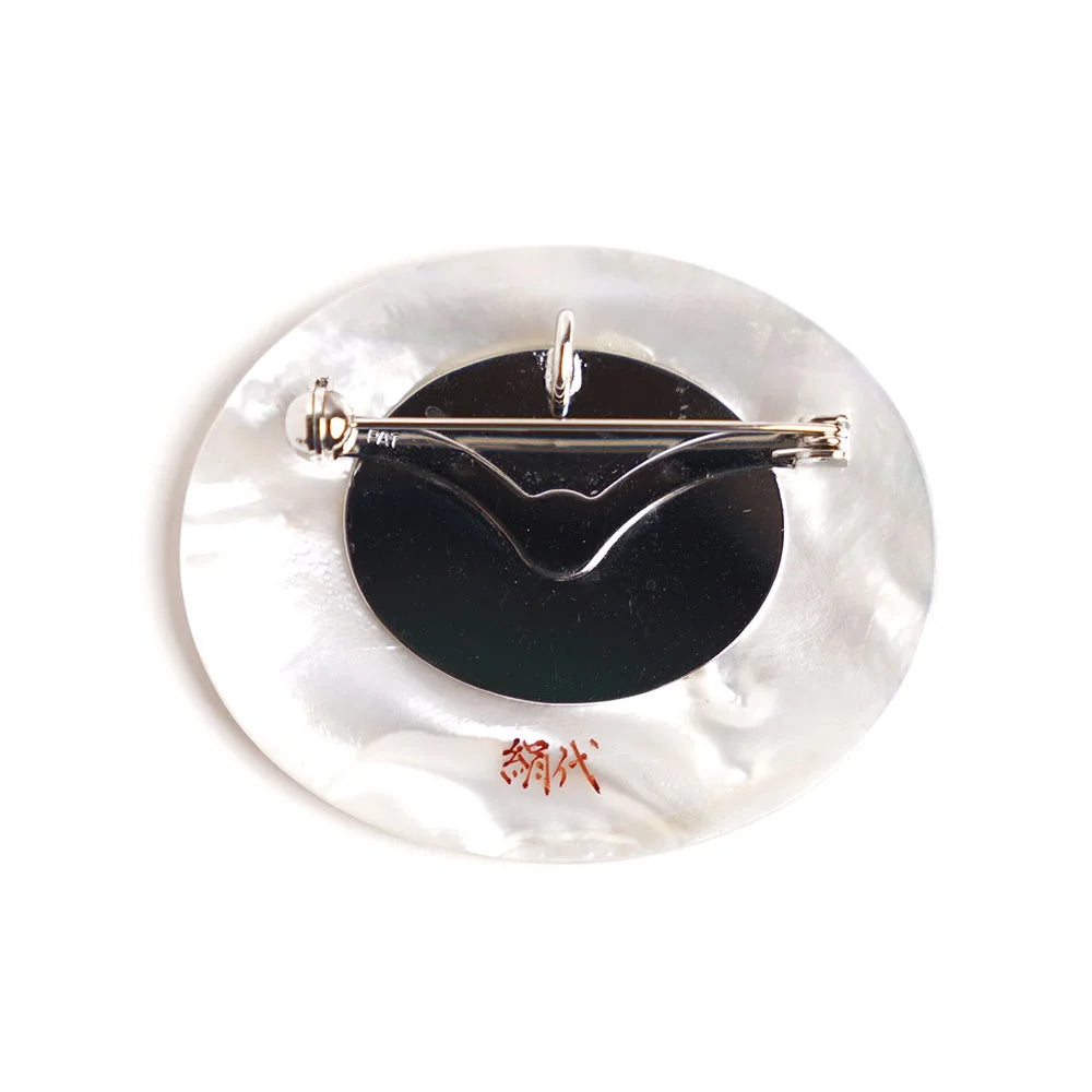 Maki-e Urushi Lacquer Brooch - White South Sea Pearl Shell / Peony -, Traditional Japanese Urushi Lacquer Jewelry